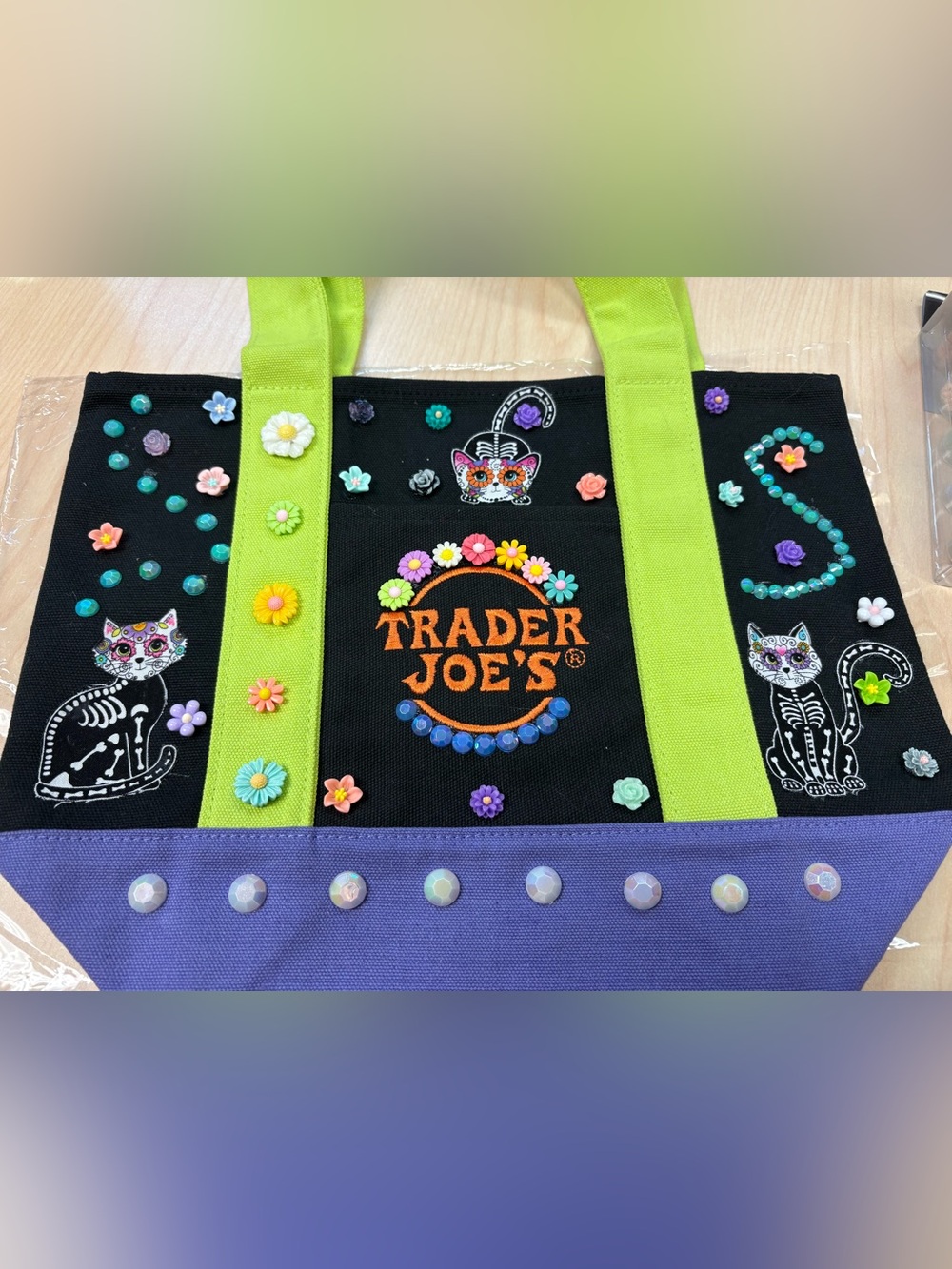 Trader Joe's Black Canvas Tote with Lime Green Handles & Purple Trim
